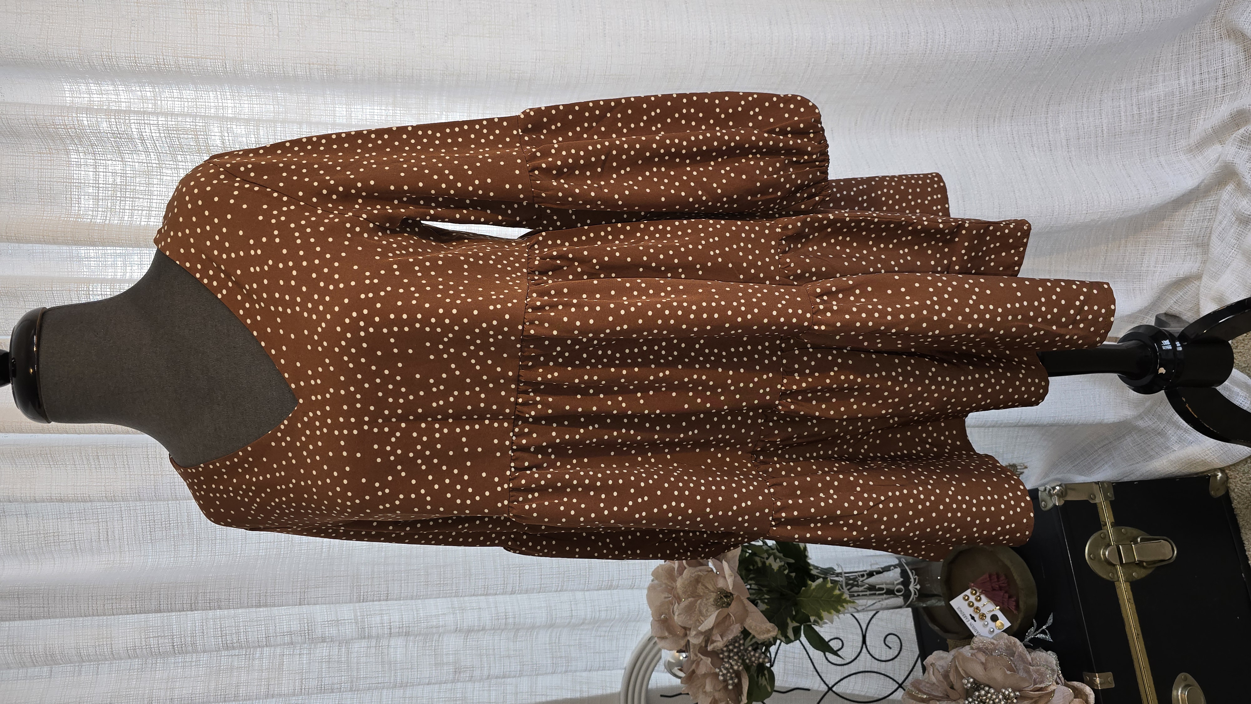 Brown Polka Dot Long Sleeve Dress