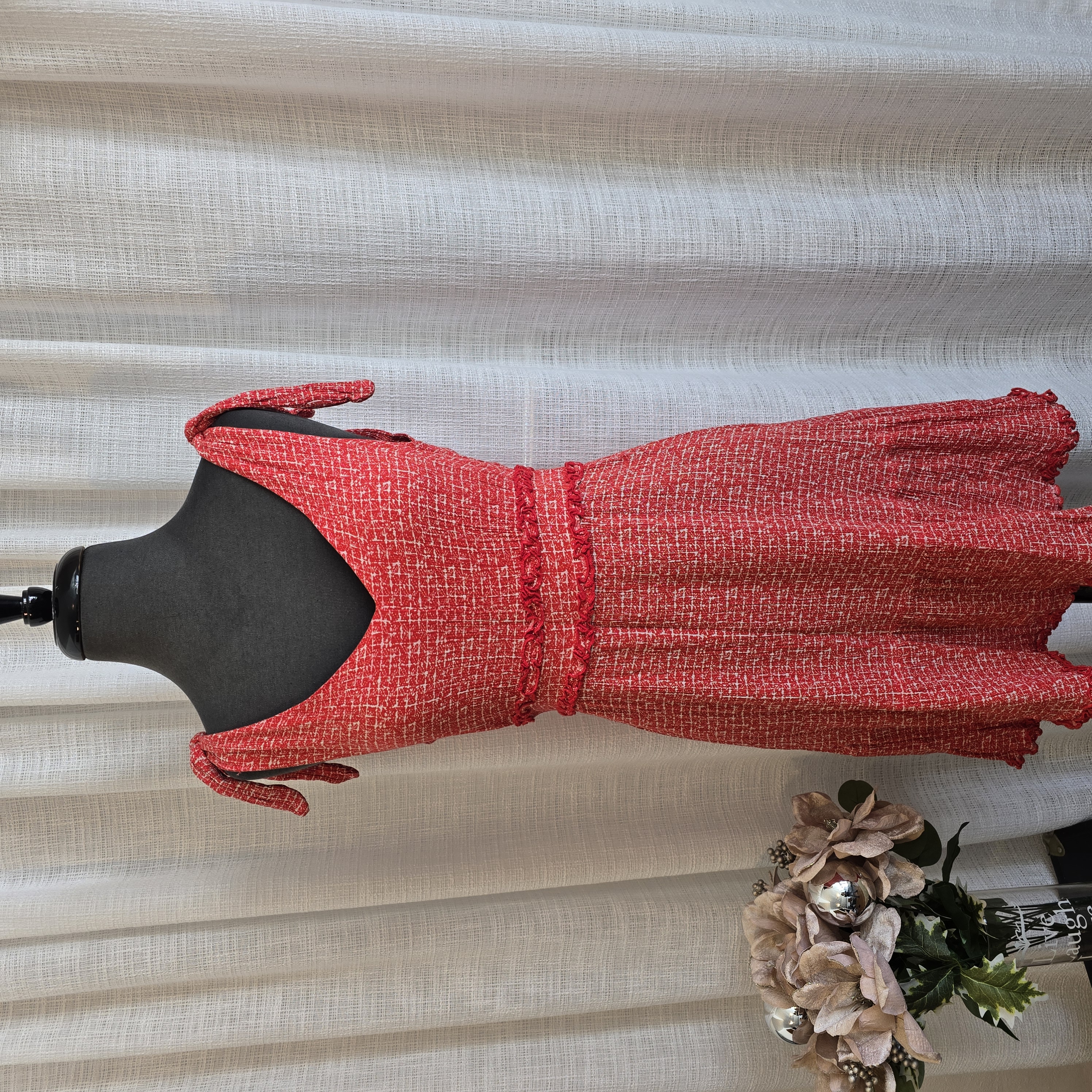 Red Tweed Sleeveless Dress- Shinestar
