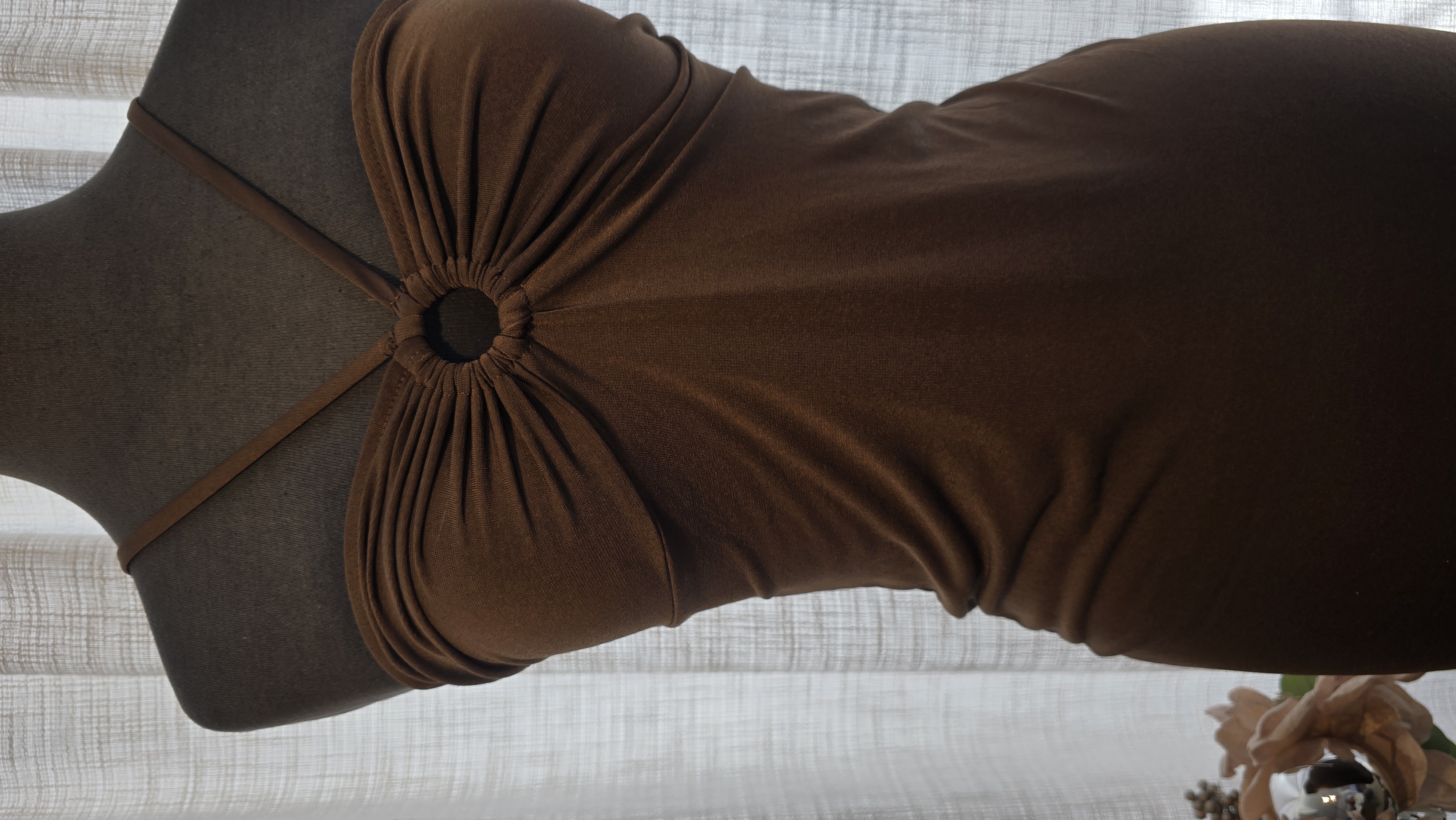 Brown Ruched Ring Halter Dress- ambiance