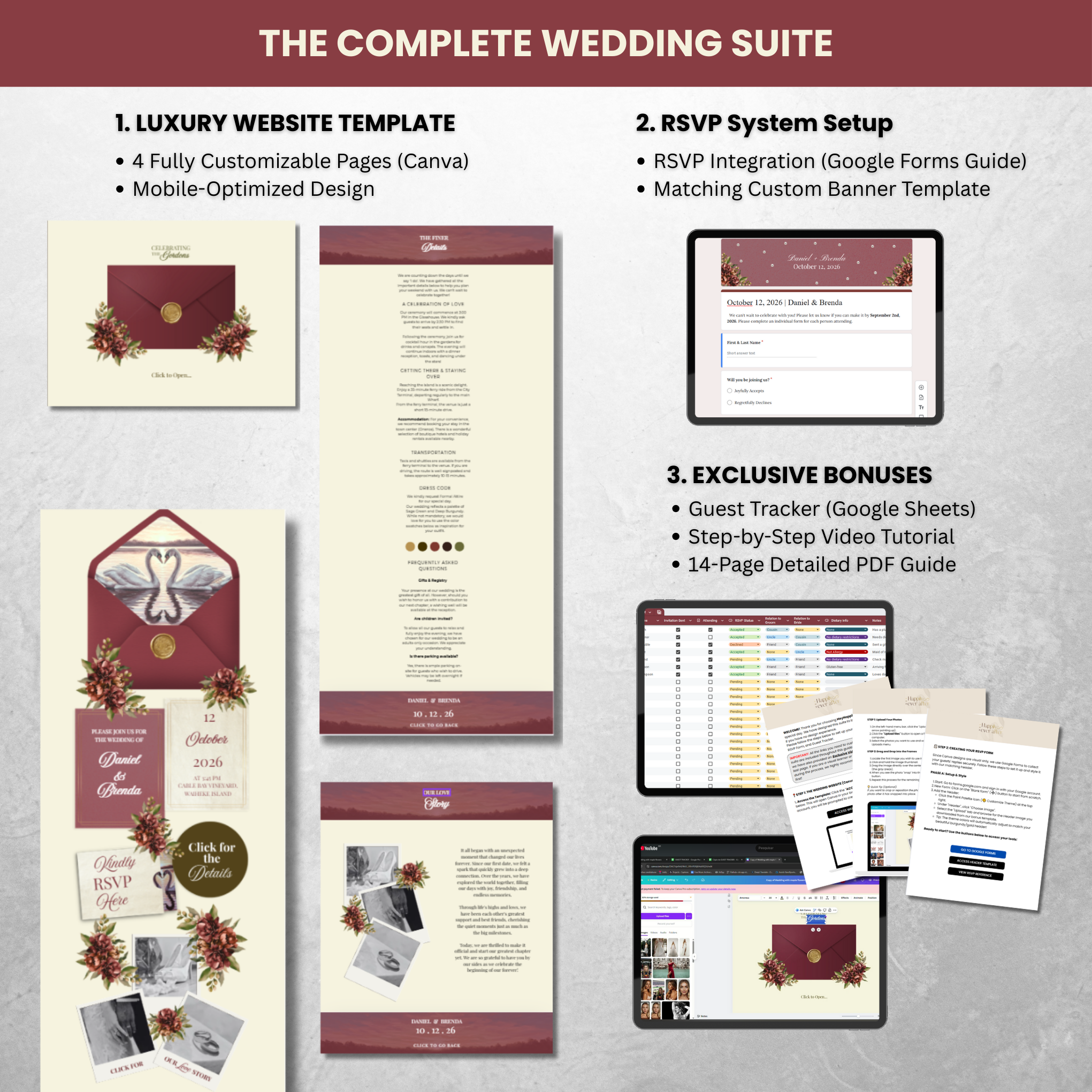 The Vintage Burgundy Suite | Romantic Wedding Website Template