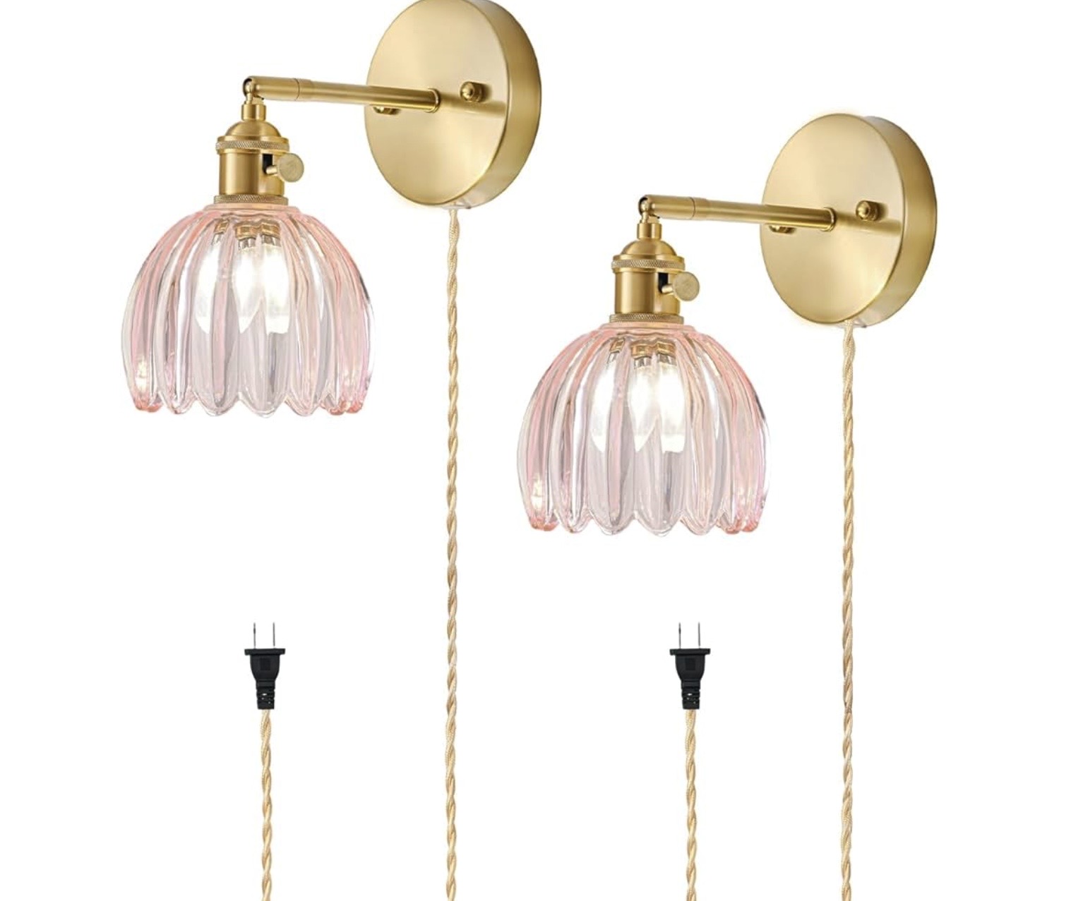 Gold Wall Sconce Set with Pink Glass Shade