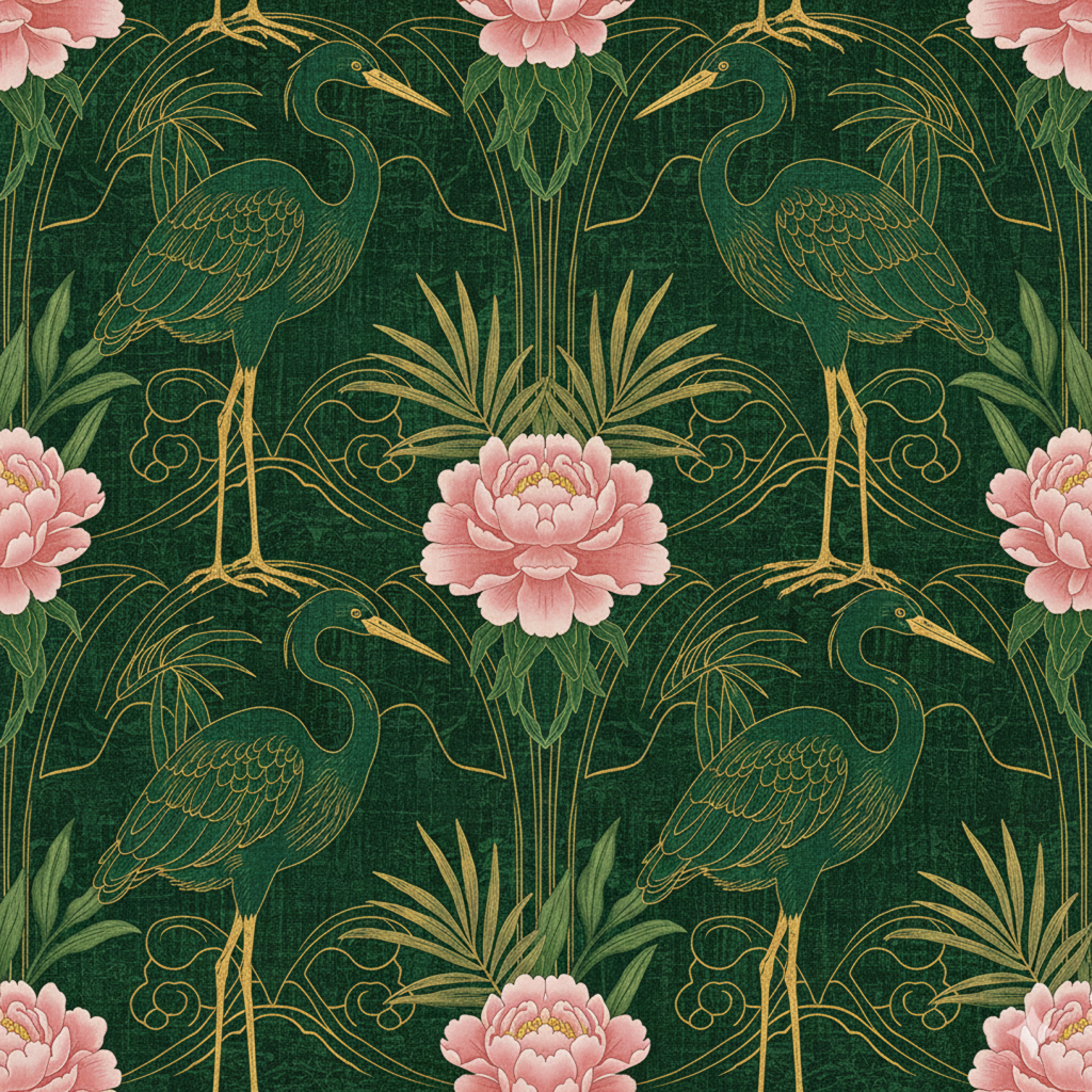 Elegant Crane & Peony Digital Pattern