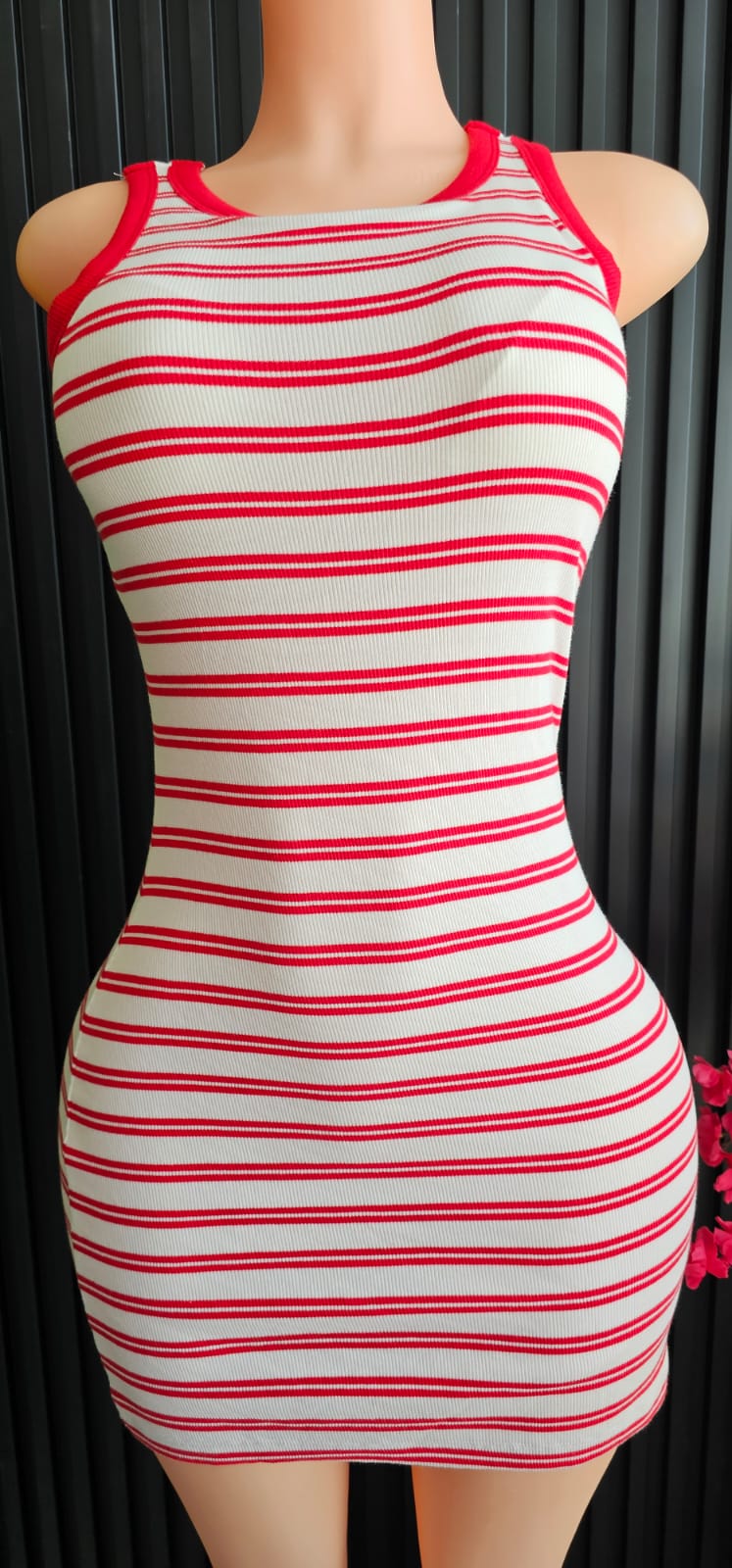 Primark Women’s Striped Ribbed Bodycon Mini Dress – Red/White (One Size / XS)