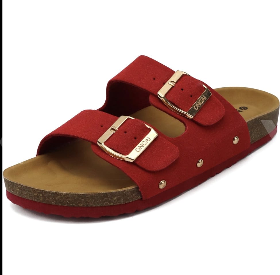 Unisex Vegan Leather Flat Slide Sandals Adjustable Double Buckle Cork Footbed Comfort Mules - Red 7 UK