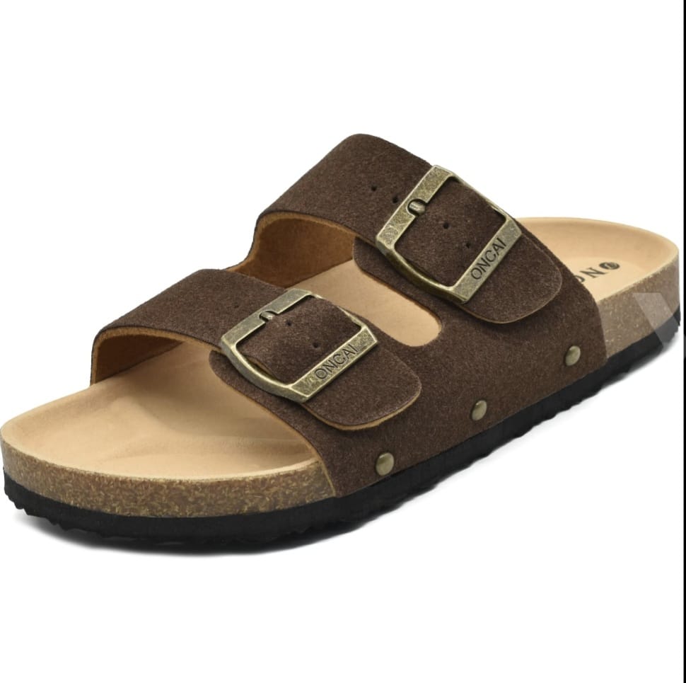 Unisex Open Toe Footbed Sandals Comfort Suede Straps Cork Sole - Brown UK 9