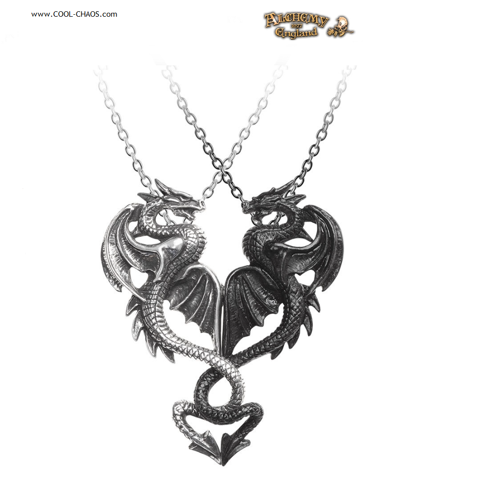 Dragon Tryst Necklaces/Two Pewter Dragons-Couples Necklaces-Alchemy Gothic 1977