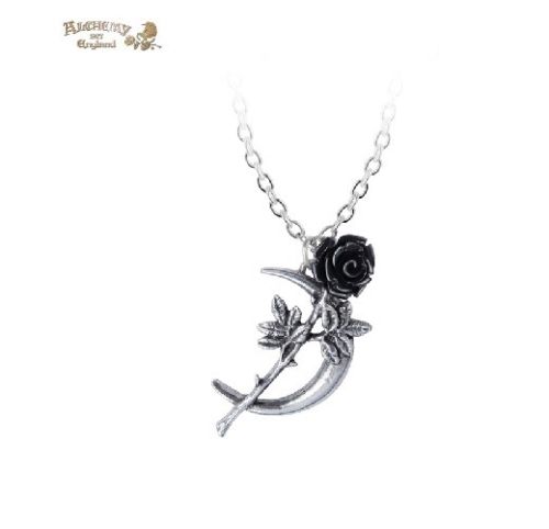 Black Rose Crecent Moon Necklace / Pewter Pendant,Alchemy Gothic 1977Jewelry