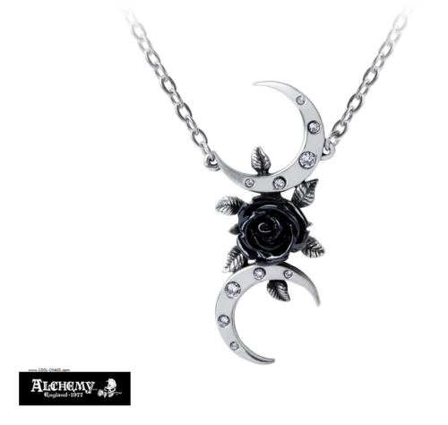 Black Rose Crescent Moon Necklace / Pewter Pendant