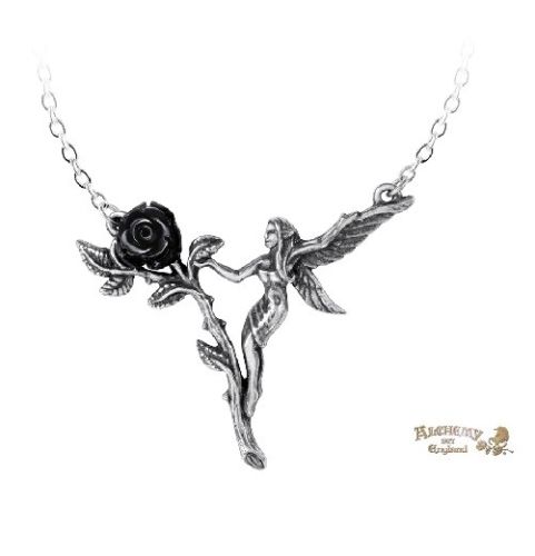 Black Rose Fairy Necklace / Pewter Faery Pendant,New Alchemy Gothic 1977Jewelry