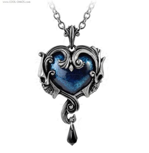Ornate Skull Tattoo Heart Necklace-Pewter Heart Midnight Blue Stone,Drop Crystal