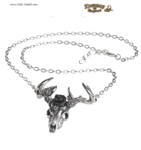 Hunter's Stag Skull Rose Necklace-Black Rose Pewter Skull-Alchemy Gothic 1977