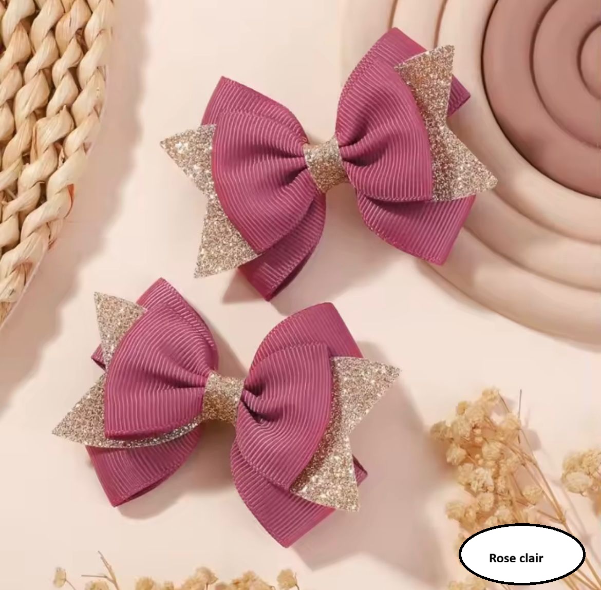 Barrettes nœud rose pailleté