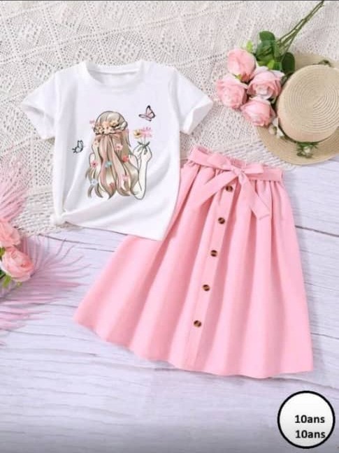 Ensemble fille t-shirt et jupe rose