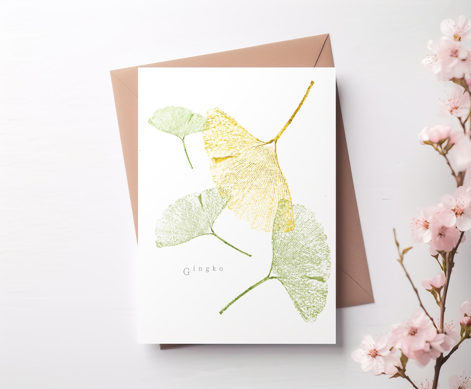 Handprinted Gingko greetings card