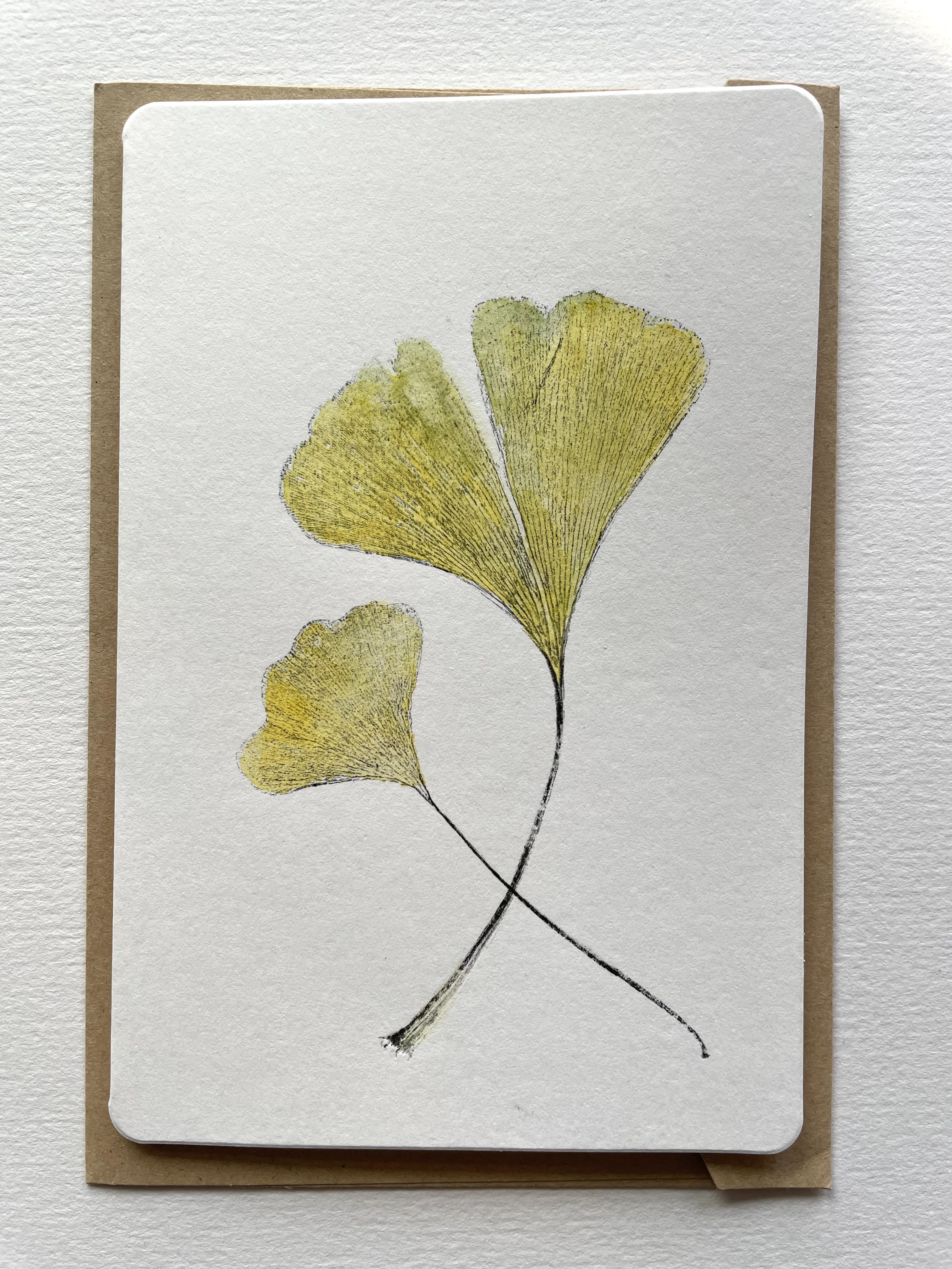 Monotype print and watercolour card - Pair of Ginkgo leaves