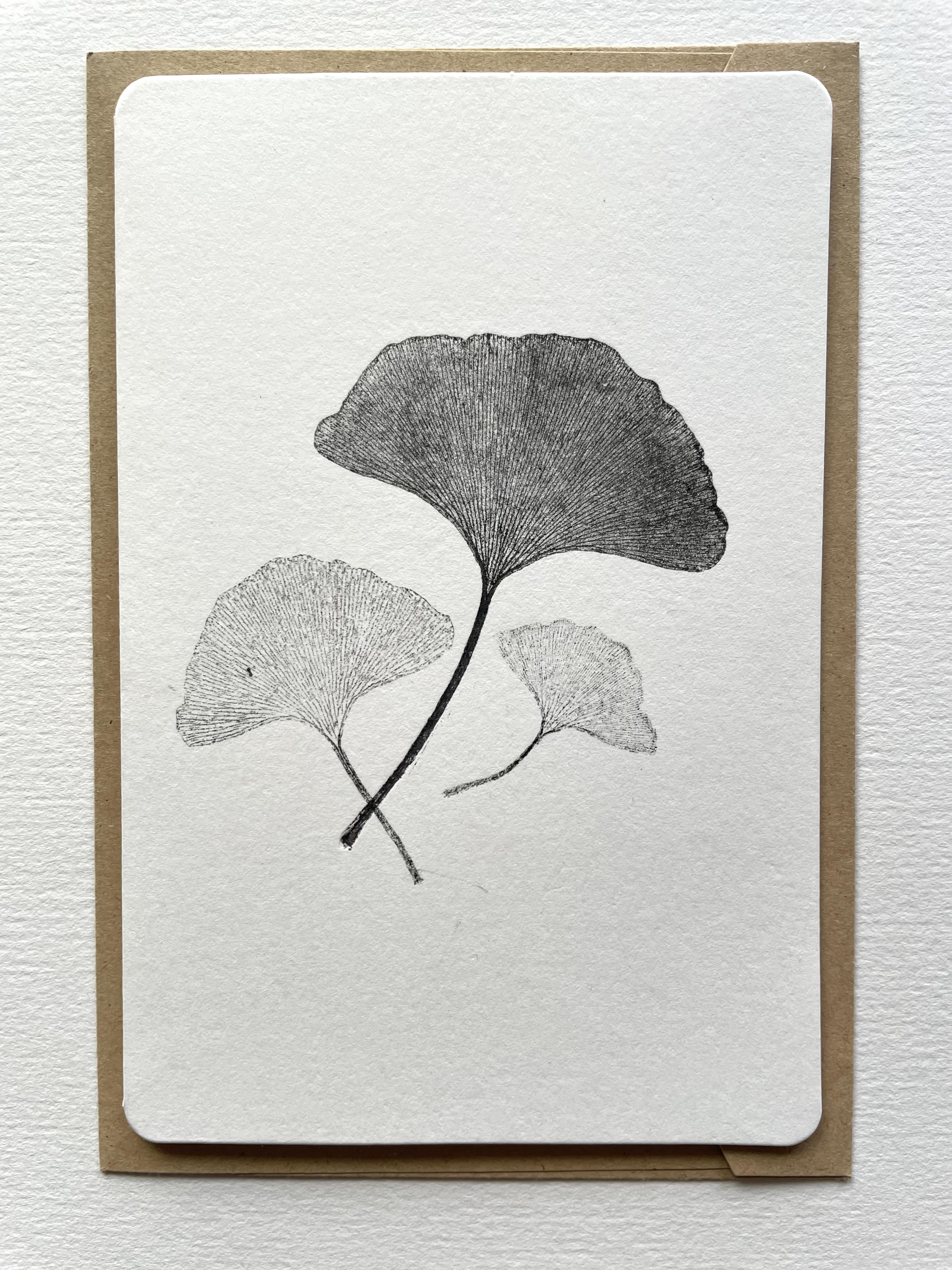 Monotype printed card - Three Ginkgo leaves