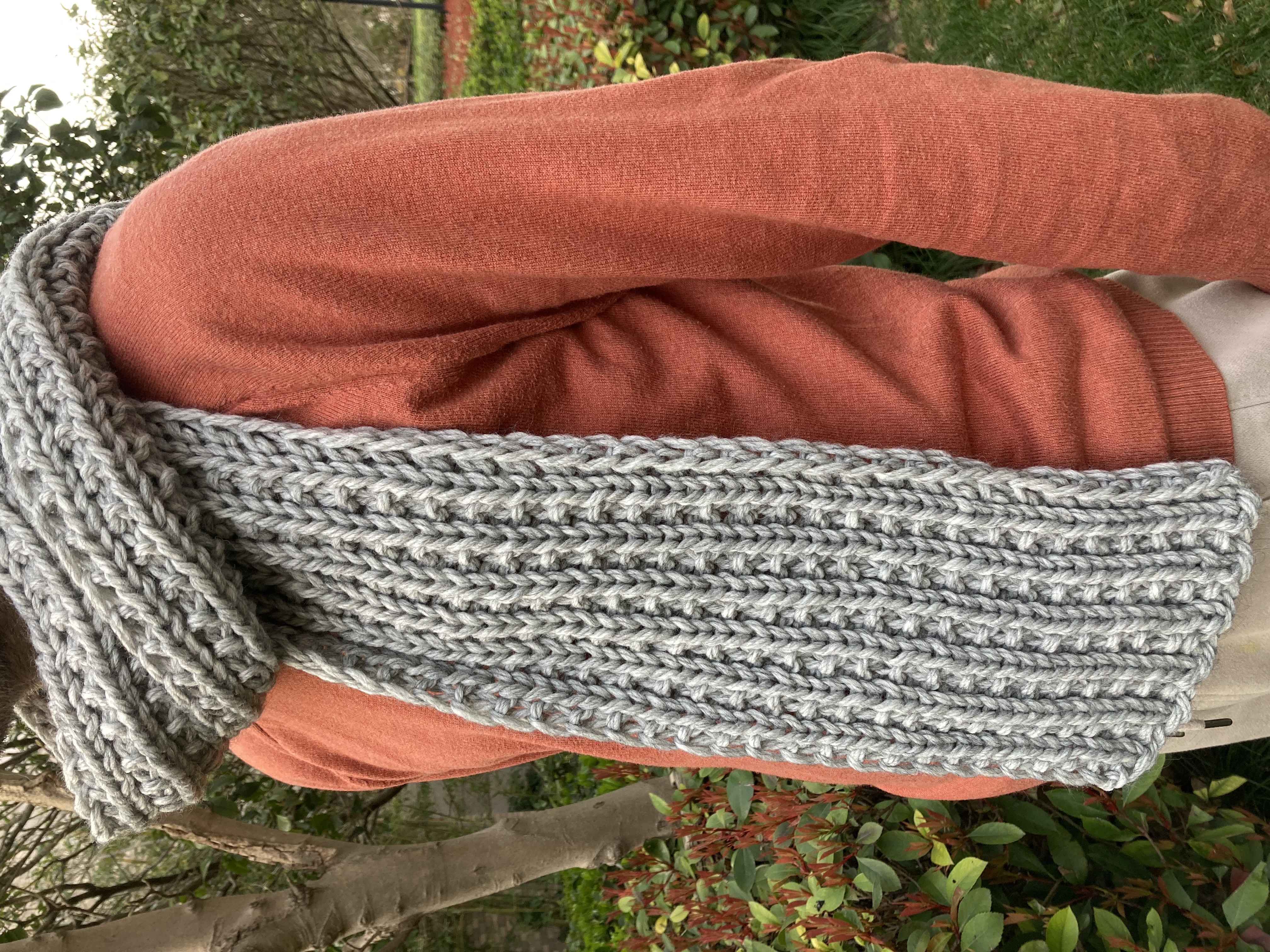 Hand knitted chunky rib alpaca blend scarf