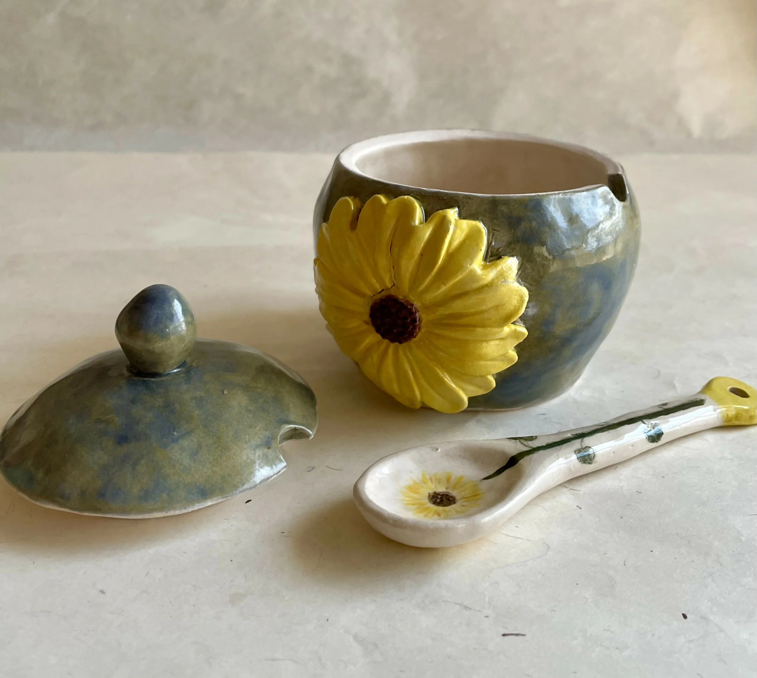 Coil and Pinch handmade ceramic sunflower bowl with spoon