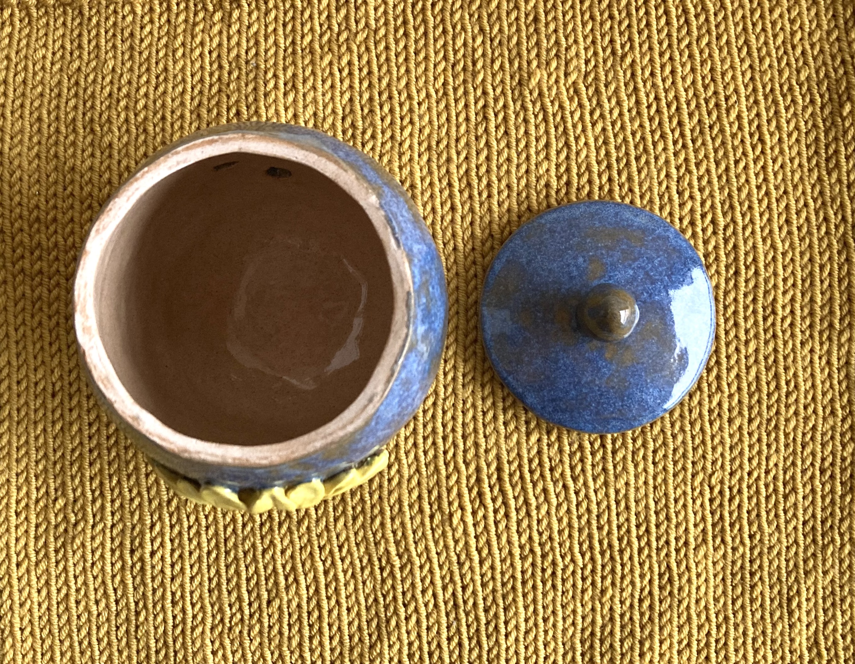 Handmade coil and pinch sunflower garlic pot