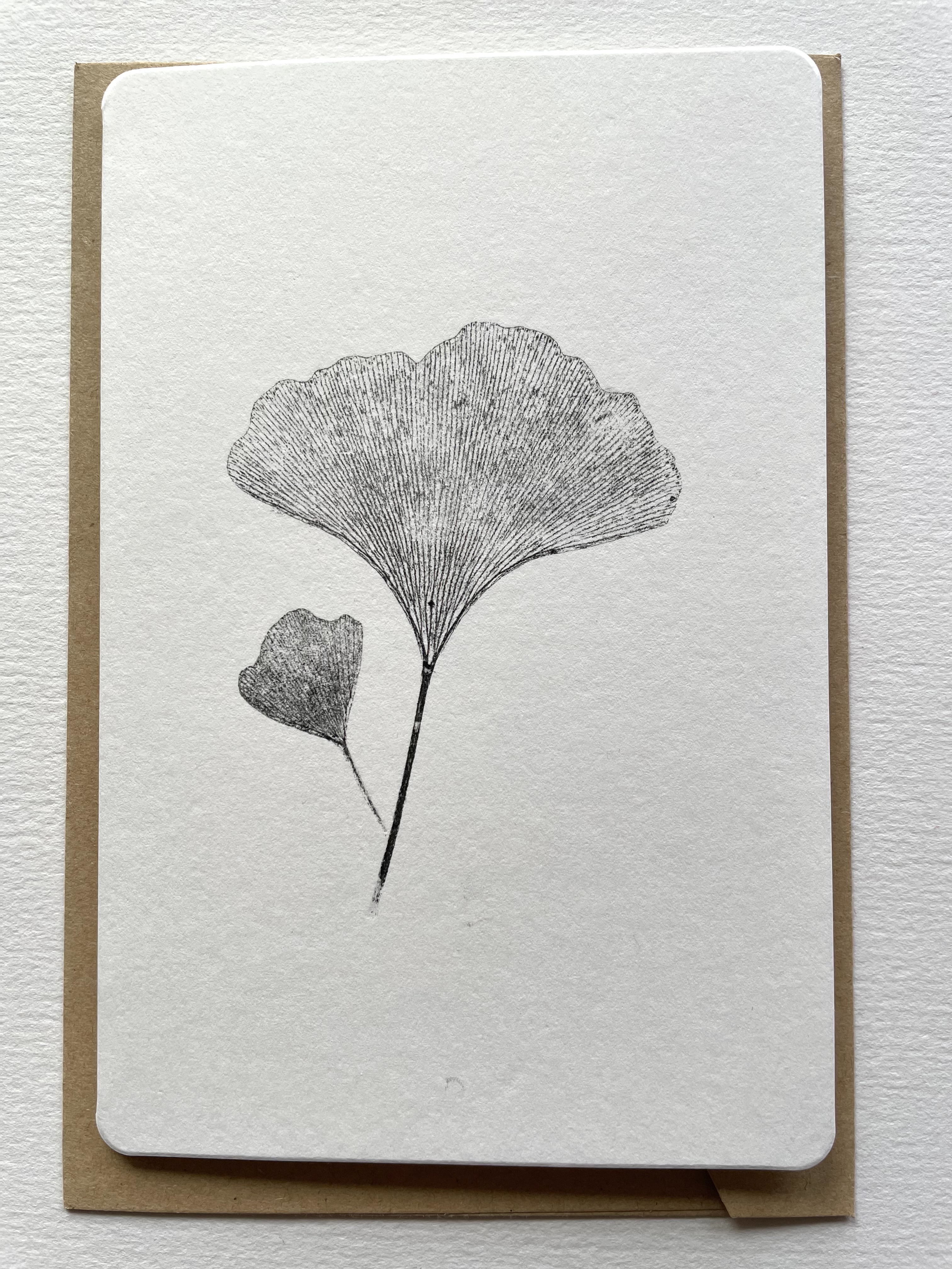 Monotype printed card - Two Ginkgo leaves