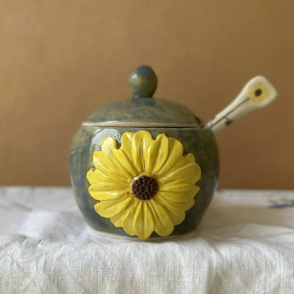 Coil and Pinch handmade ceramic sunflower bowl with spoon