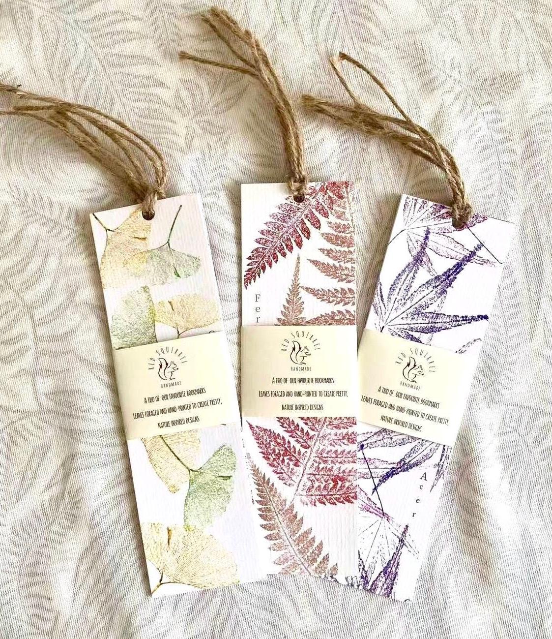Nature Bookmarks Trio Gingko, Fern & Acer Leaf Prints