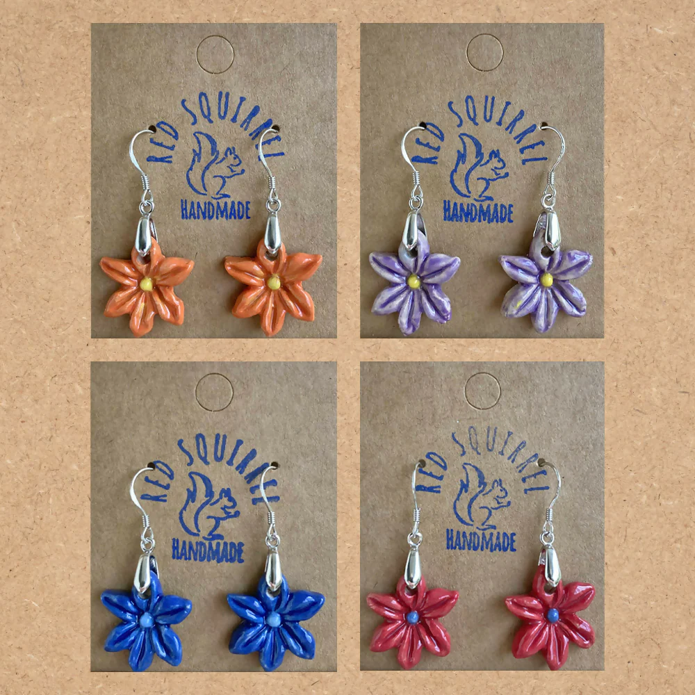 Handmade ceramic clematis flower earrings
