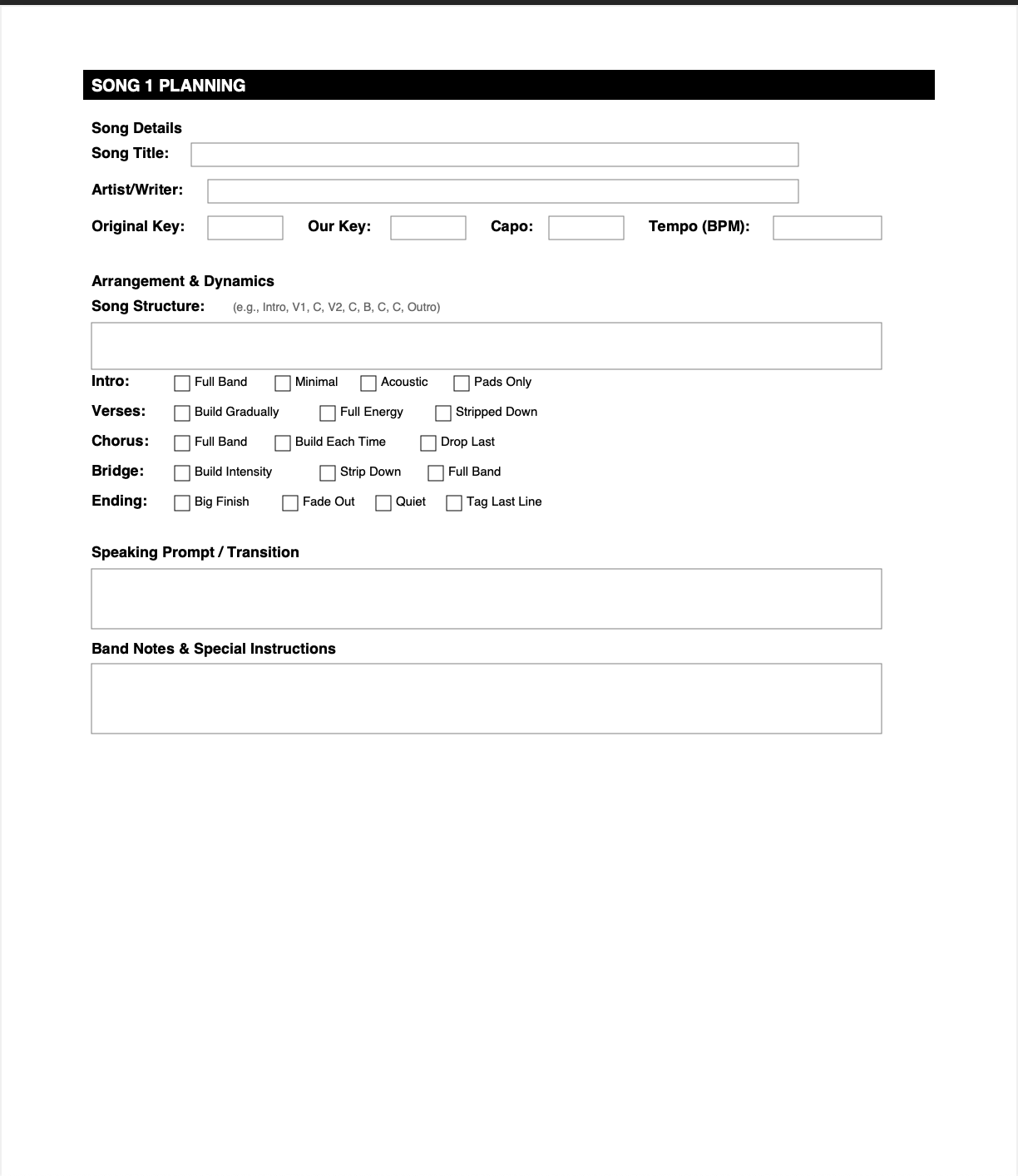 Worship Setlist Planning Template