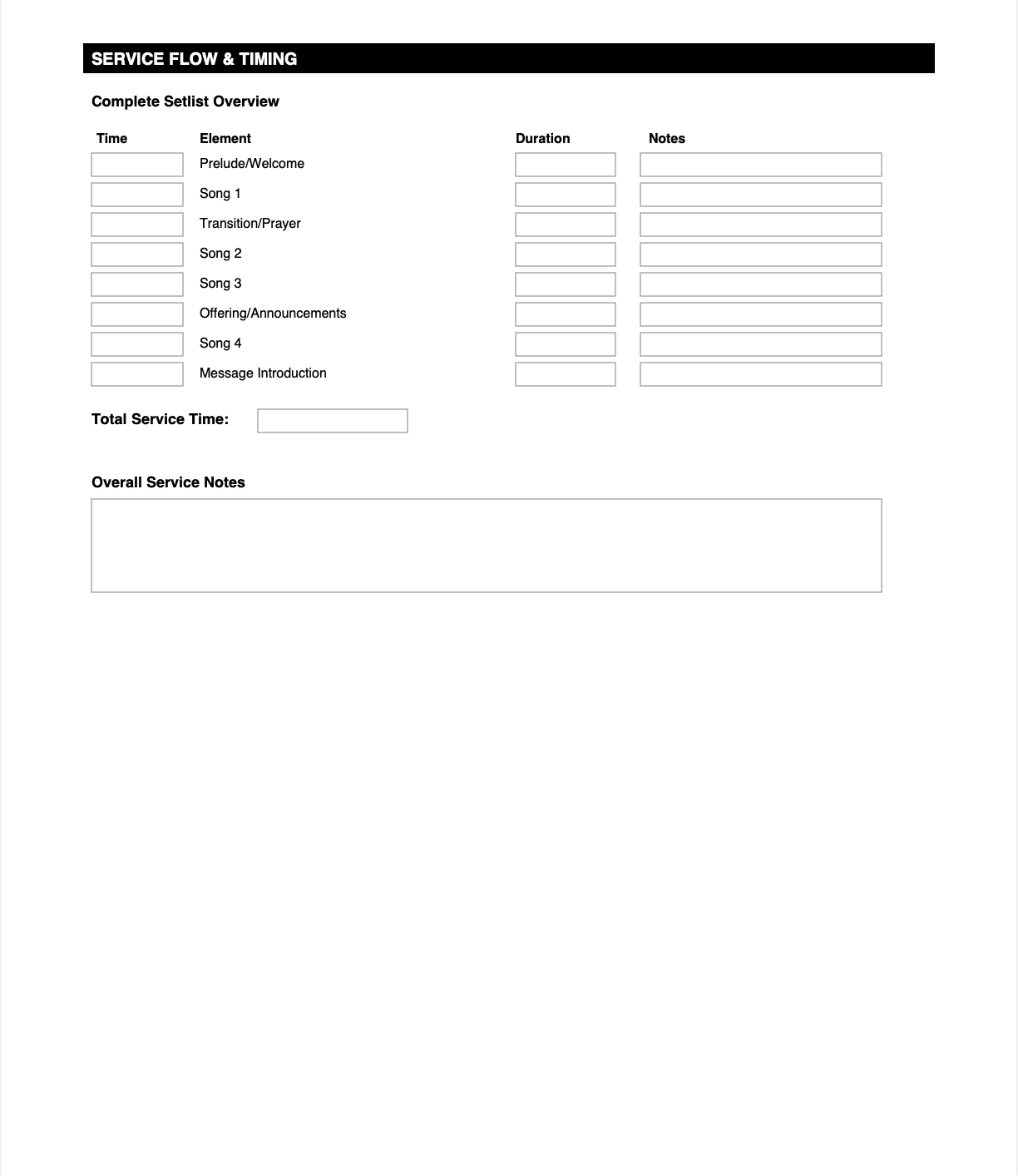 Worship Setlist Planning Template