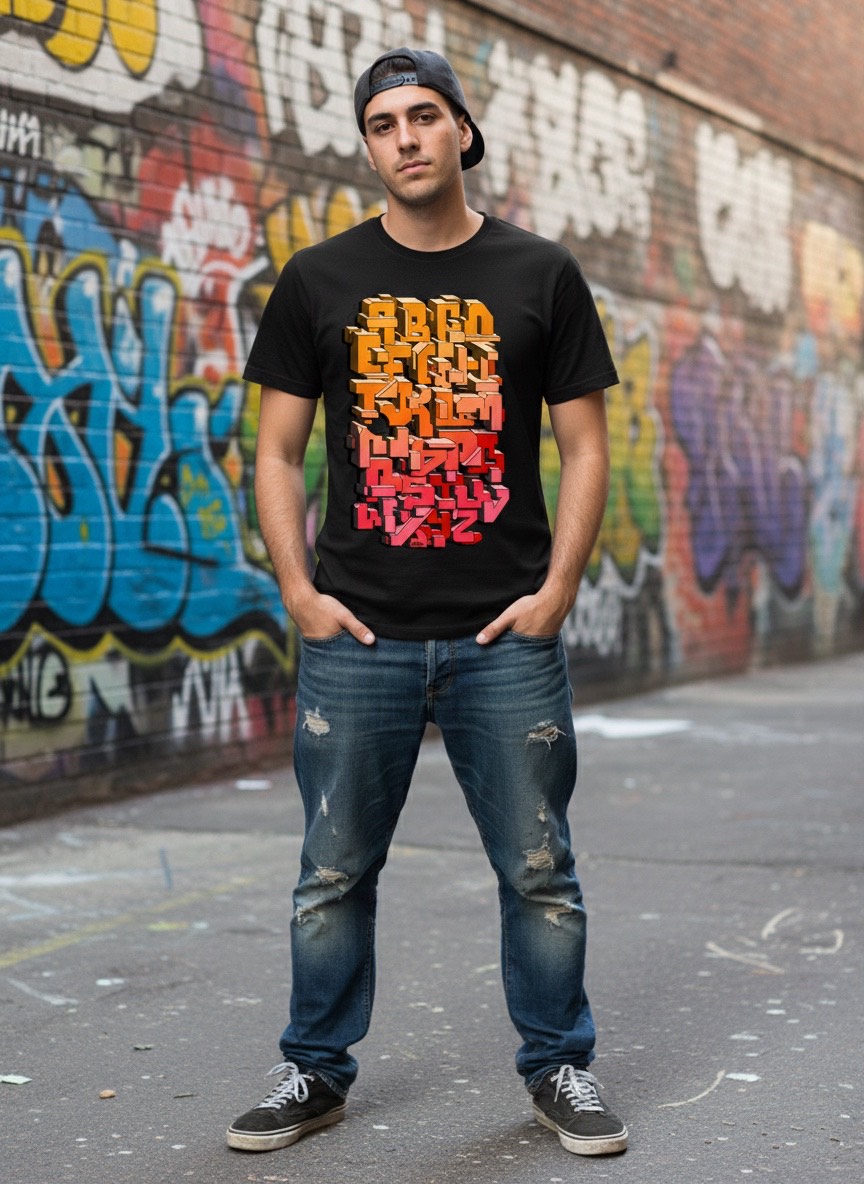 Camiseta negra Abecedario-de-Graffiti-3d