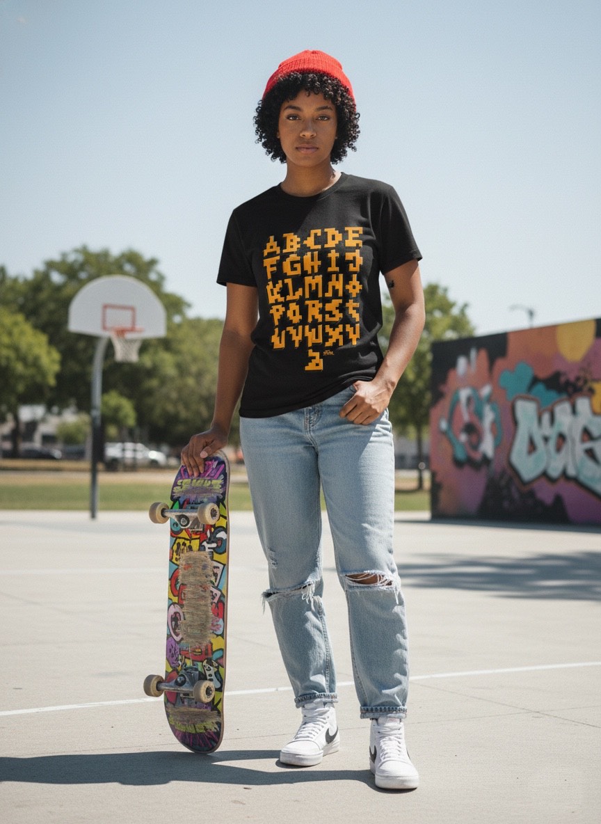 Camiseta negra Abecedario-de-Graffiti-Pixel