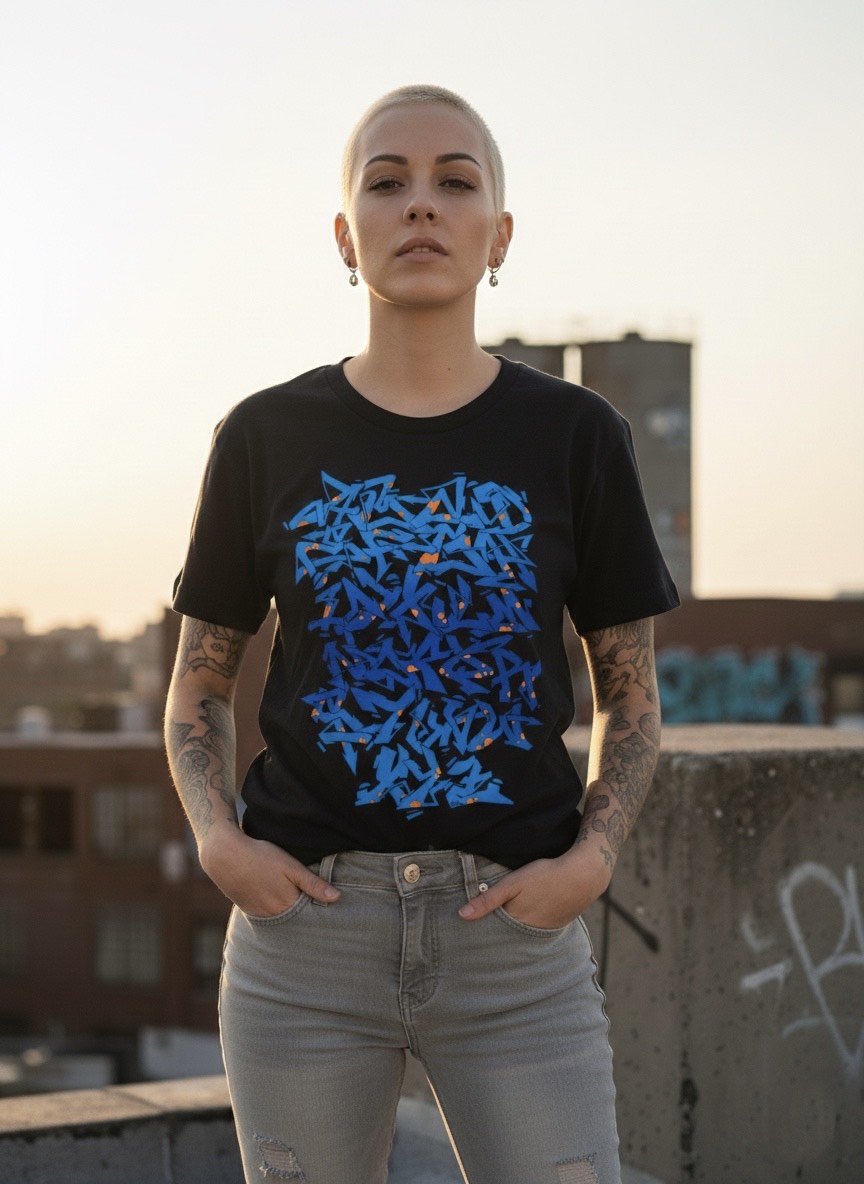 Camiseta negra Abecedario-de-Graffiti-Wildstyle-Azul