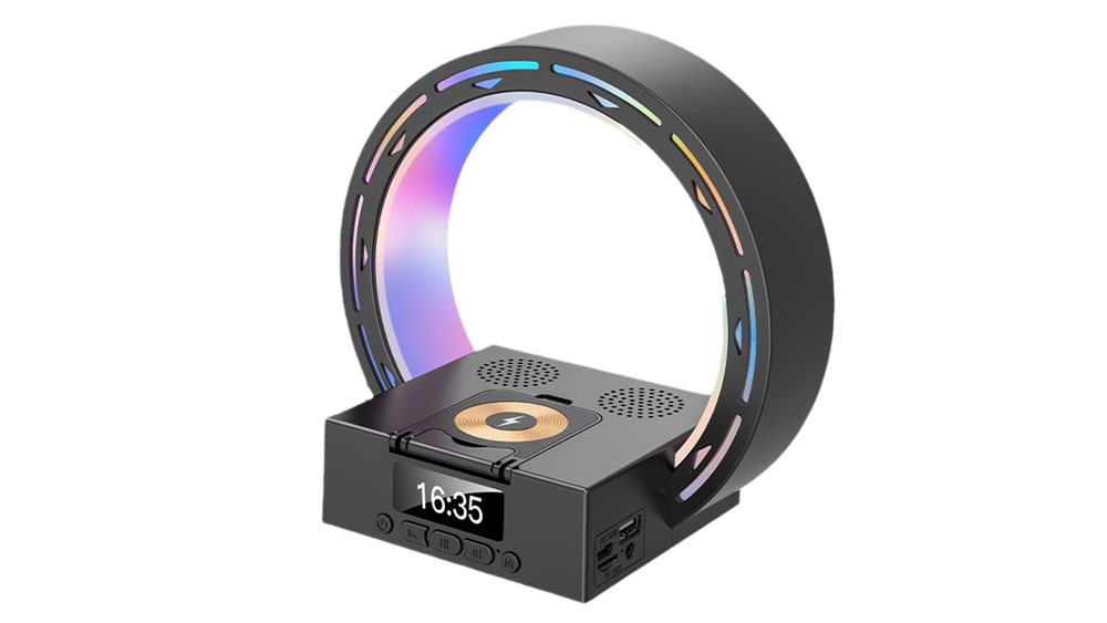 LED İşıqlı Multifunksional Masaüstü Saat, Səsucaldıcı və Simsiz Şarj Stansiyası Qara