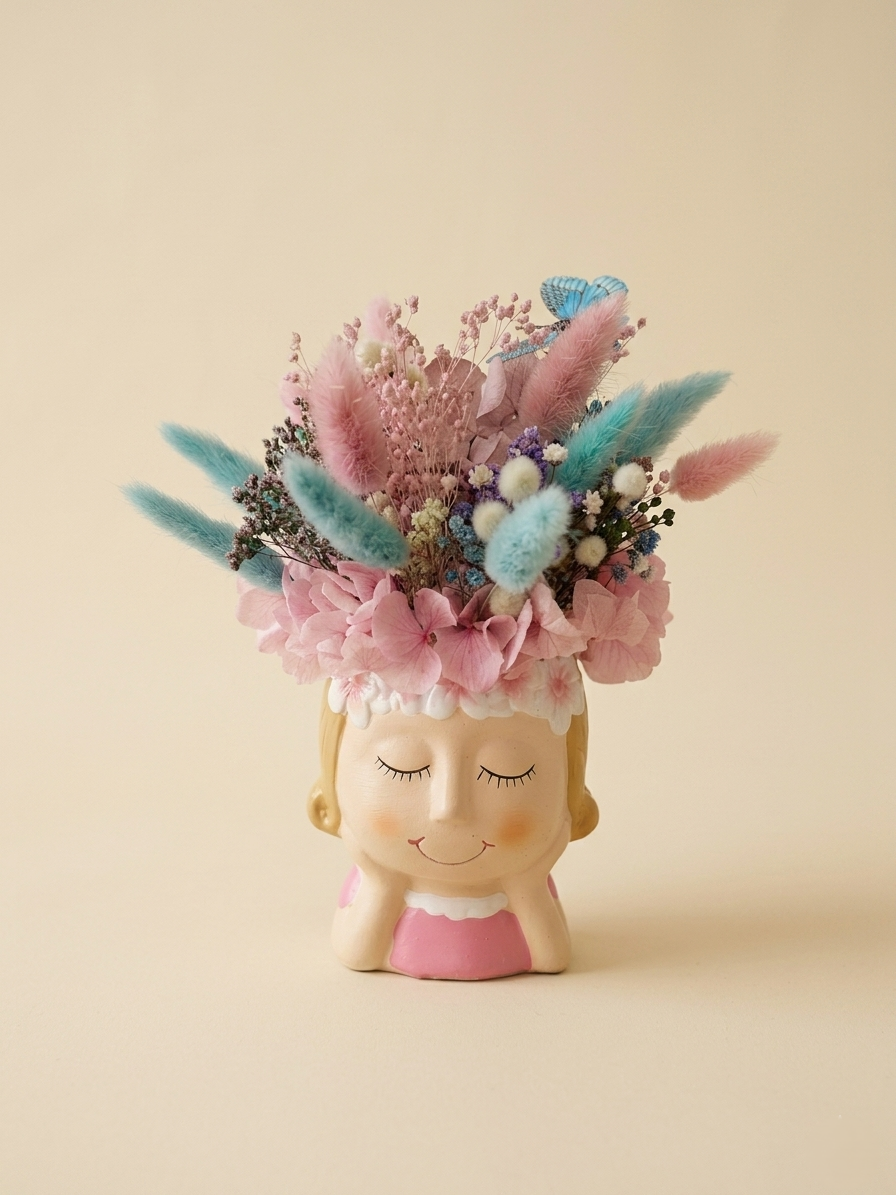 Maceta niña con flores secas