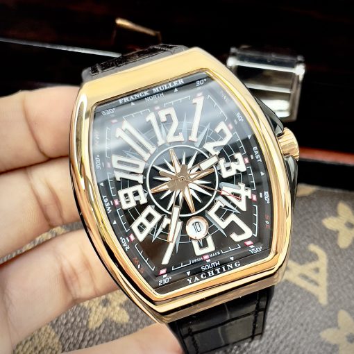 Đồng hồ Franck Muller V45 máy cơ Nhật, màu đen vỏ vàng hồng 45mm, thép không gỉ