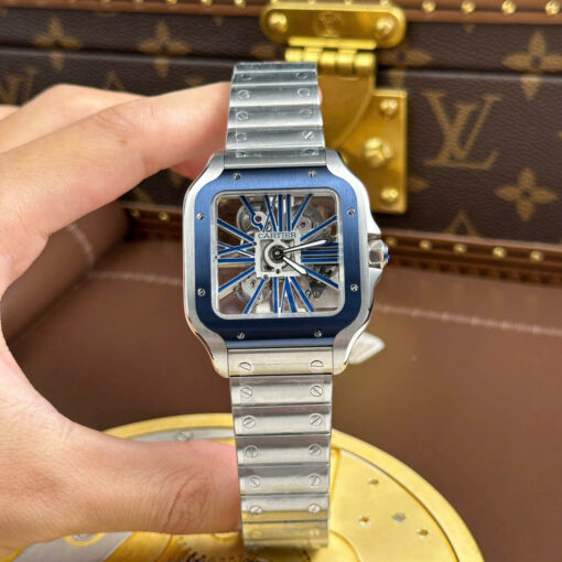 Đồng hồ Cartier Santos Replica 1:1, nam mặt lộ cơ viền xanh dương, Size 39.8mm