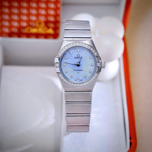 Đồng hồ nữ Omega Constellation nữ mặt xanh blue đính đá cao cấp, Size 28mm