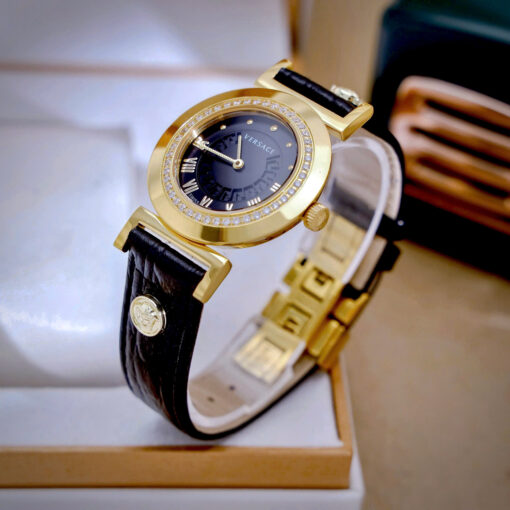 Đồng hồ Versace nữ siêu cấp, Versace Vanity đính đá dây da màu đen 35mm