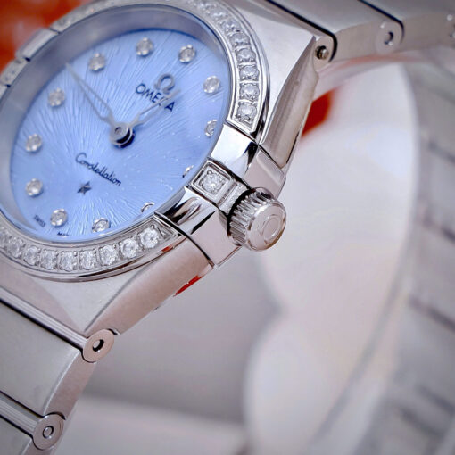 Đồng hồ nữ Omega Constellation nữ mặt xanh blue đính đá cao cấp, Size 28mm