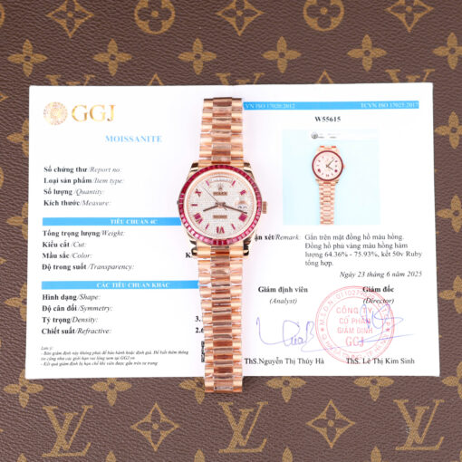 Đồng hồ Rolex Day-Date, bọc vàng 18K đính ruby tổng hợp + kim cương moissanite, Size 40mm