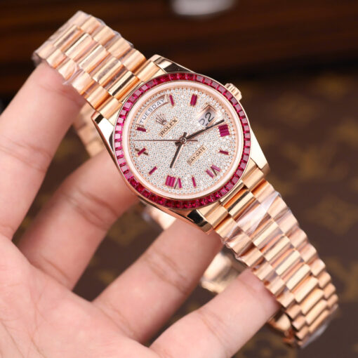 Đồng hồ Rolex Day-Date, bọc vàng 18K đính ruby tổng hợp + kim cương moissanite, Size 40mm