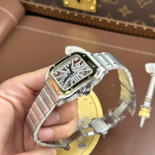 Đồng hồ Cartier Santos Replica 1:1, nam mặt lộ cơ viền vàng, Size 39.8mm