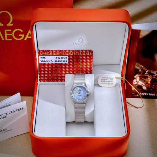 Đồng hồ nữ Omega Constellation nữ mặt xanh blue đính đá cao cấp, Size 28mm