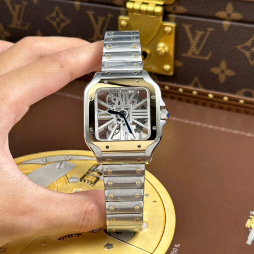 Đồng hồ Cartier Santos Replica 1:1, nam mặt lộ cơ viền vàng, Size 39.8mm