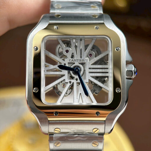Đồng hồ Cartier Santos Replica 1:1, nam mặt lộ cơ viền vàng, Size 39.8mm