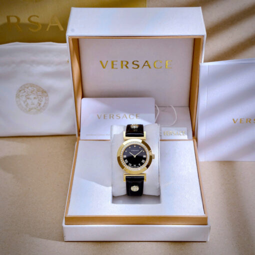 Đồng hồ Versace nữ siêu cấp, Versace Vanity đính đá dây da màu đen 35mm