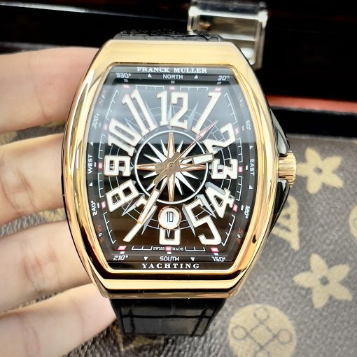 Đồng hồ Franck Muller V45 máy cơ Nhật, màu đen vỏ vàng hồng 45mm, thép không gỉ