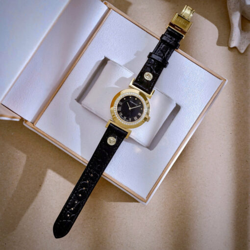 Đồng hồ Versace nữ siêu cấp, Versace Vanity đính đá dây da màu đen 35mm