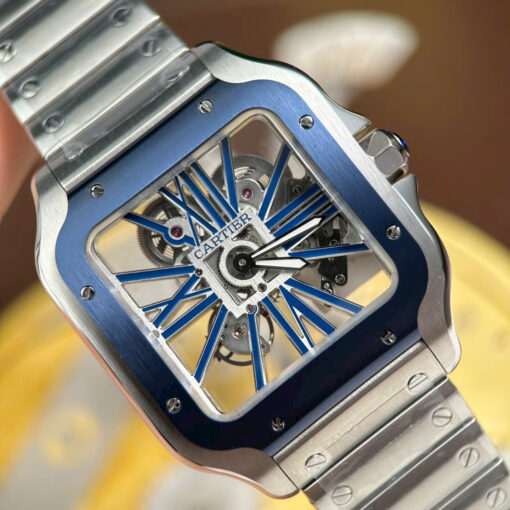 Đồng hồ Cartier Santos Replica 1:1, nam mặt lộ cơ viền xanh dương, Size 39.8mm