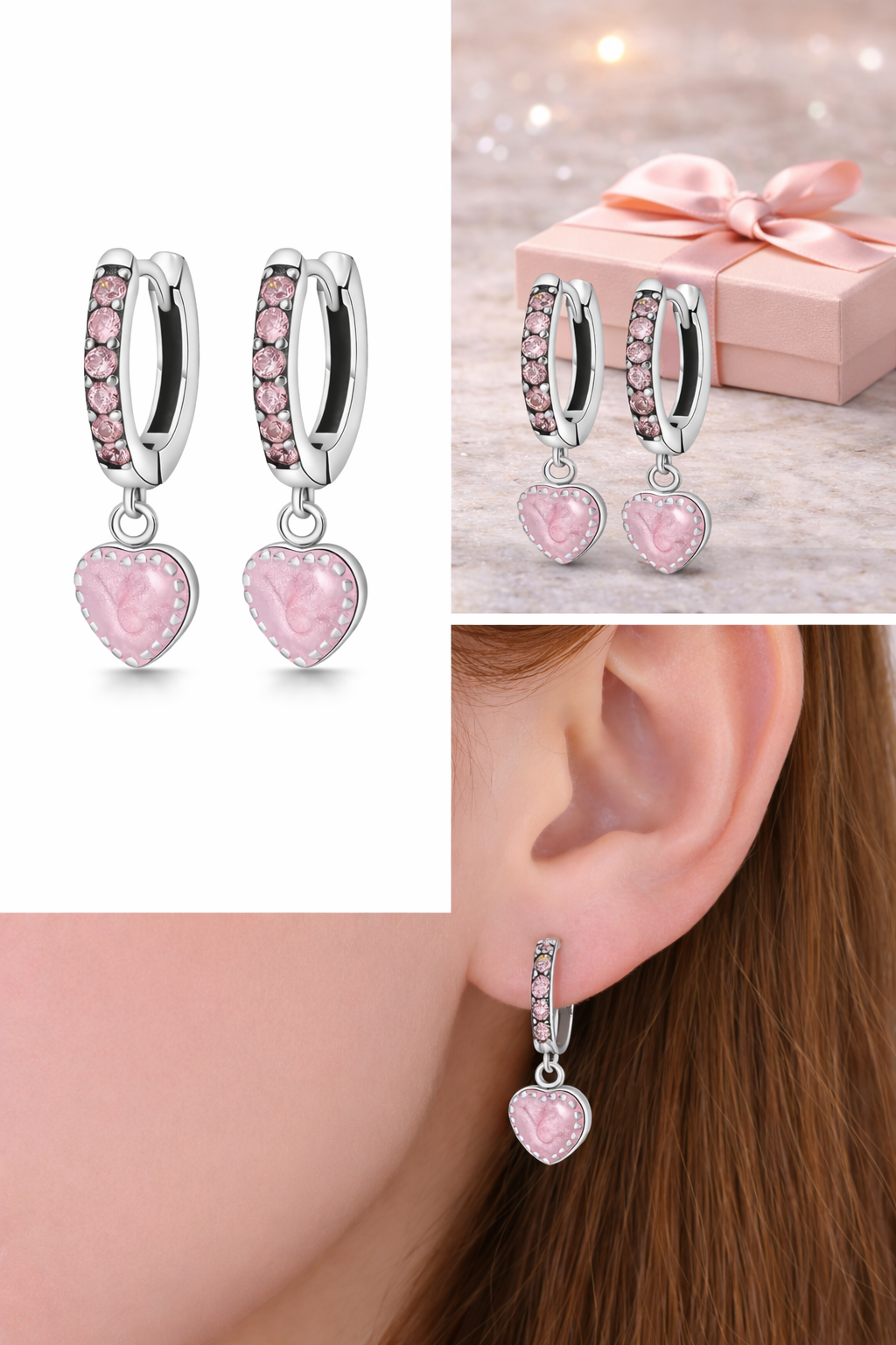 Pendientes de aro con corazón rosa